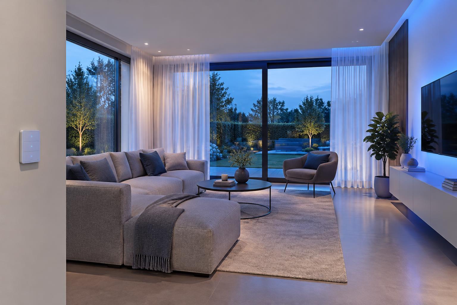 Sala moderna com cortinas e iluminação inteligente